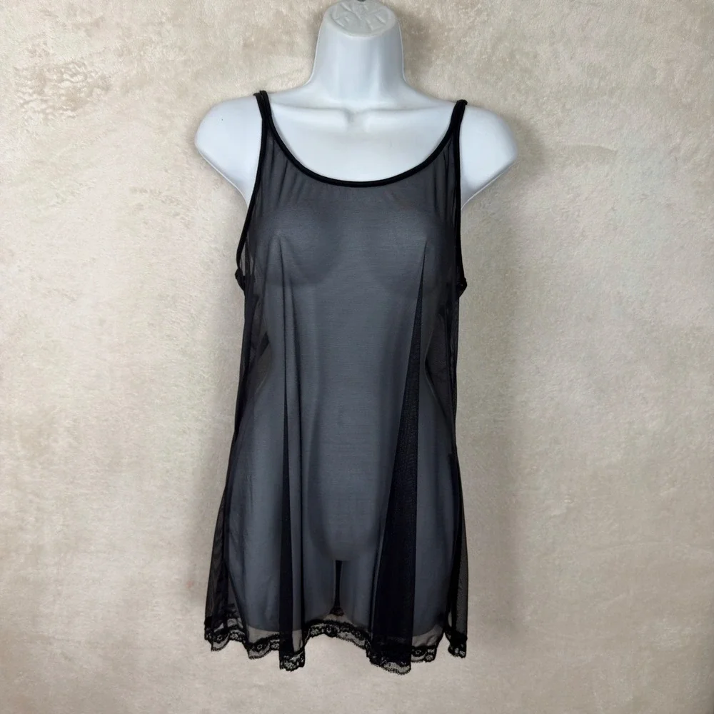 VTG Victoria's Secret Black Sheer Mesh Lace Trim Chemise Slip Dress USA Made
